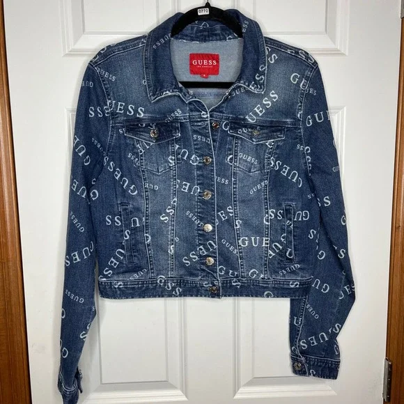 Guess Logo Print Cropped Blue Denim Jean Jacket Size Medium Y2K Streetwear - Picture 2 of 9